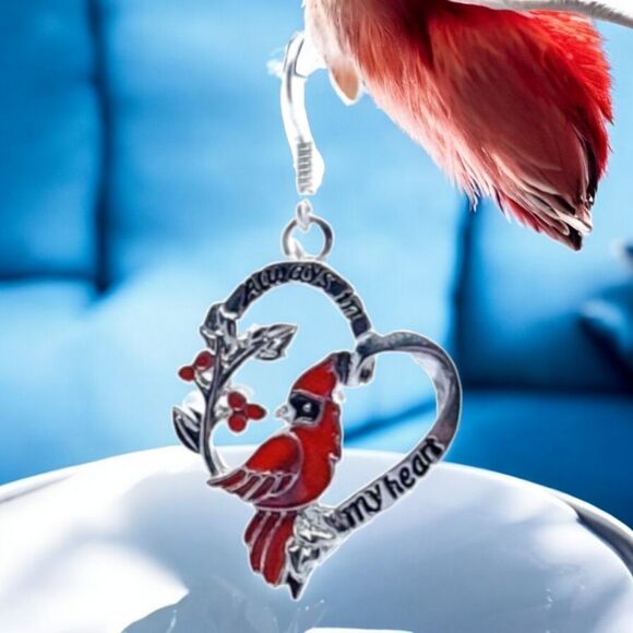 Red Cardinal Bird Silver Heart Dangle Earrings In Memory Pierced Ears Jewelry - Picture 2 of 6